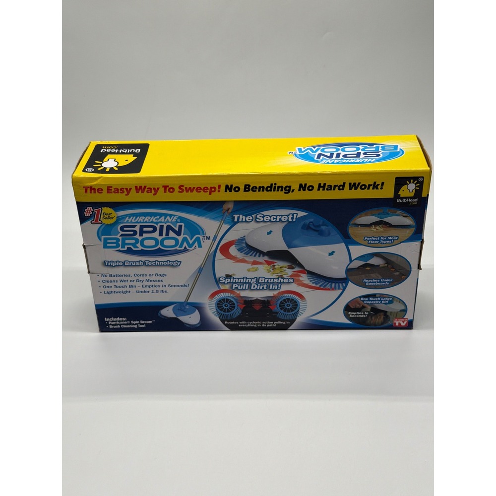 BulbHead Hurricane Spin Broom Blue White Triple Brush Cordless Sweeper New